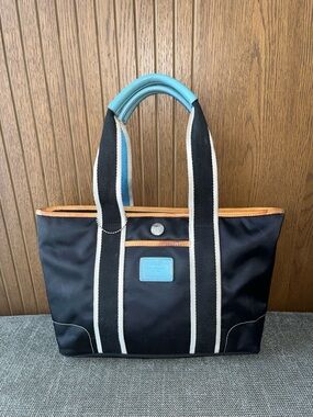 Coach Black Tote with Blue Accent and Tan Trim